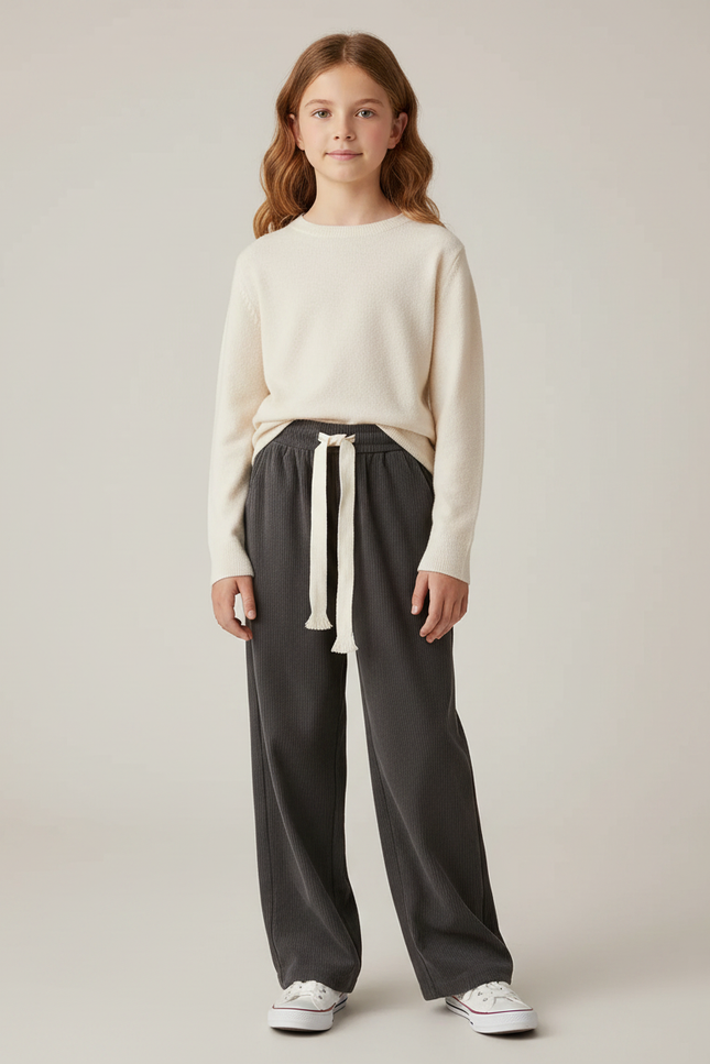 Pantalon Velours Gris Côtelé Ample Cordon Décontracté - Cordé