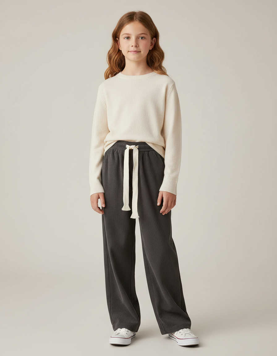 Pantalon Velours Gris Côtelé Ample Cordon Décontracté - Cordé