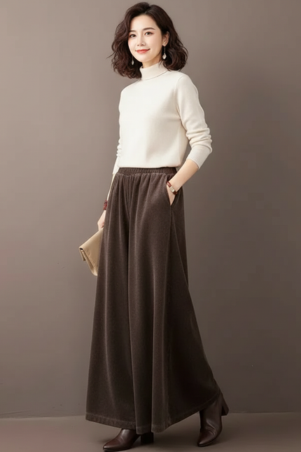 Pantalon Velours Marron Côtelé Ample Taille Haute - Cordé