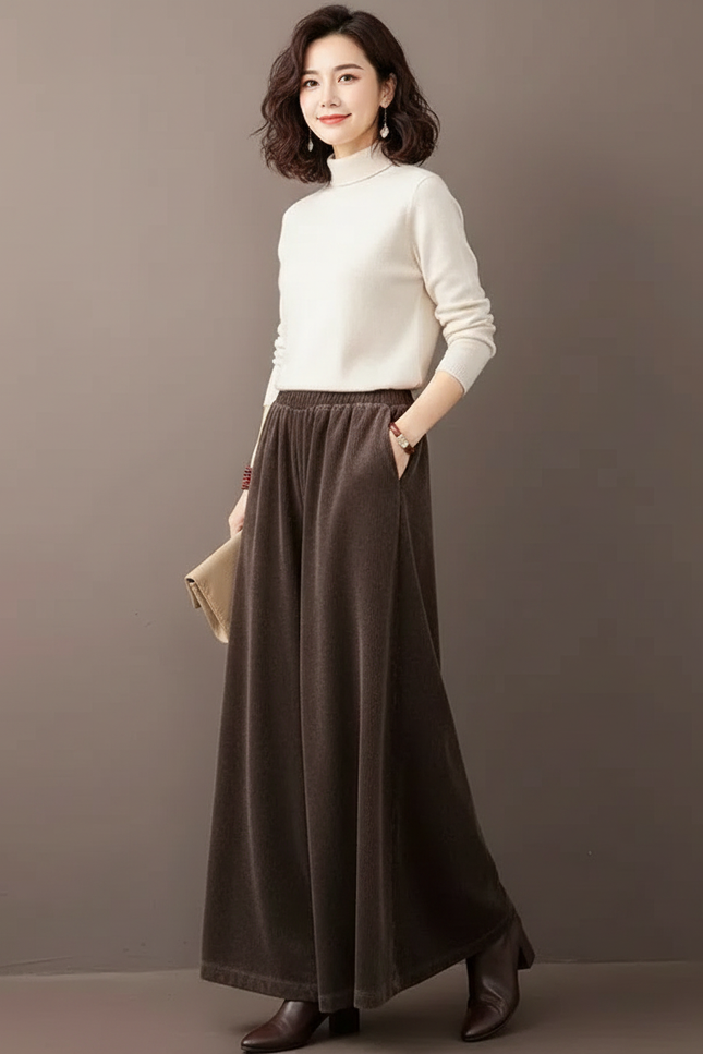 Pantalon Velours Marron Côtelé Ample Taille Haute - Cordé