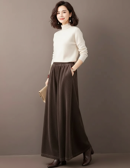 Pantalon Velours Marron Côtelé Ample Taille Haute - Cordé