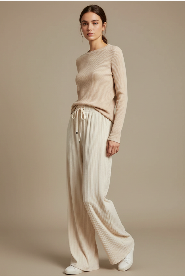 Pantalon Velours Beige Côtelé Large Décontracté Femme