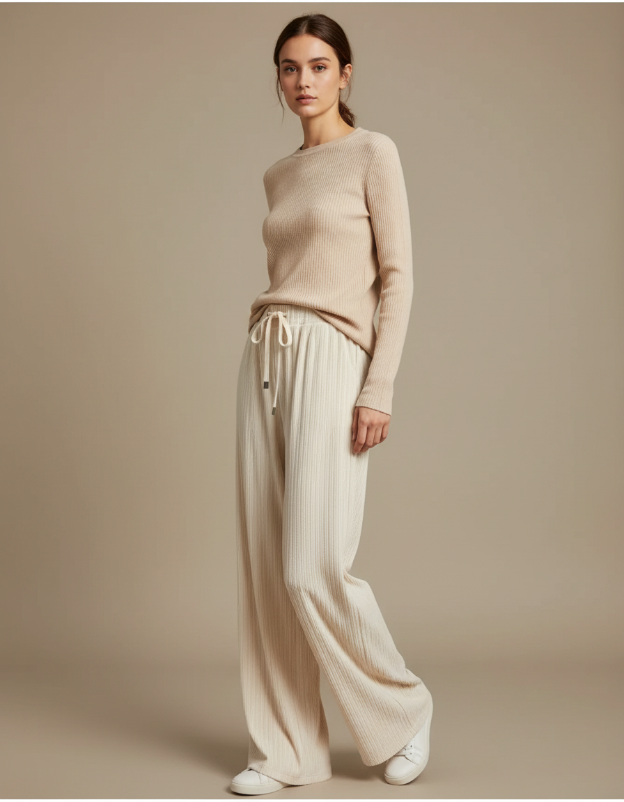 Pantalon Velours Beige Côtelé Large Décontracté Femme