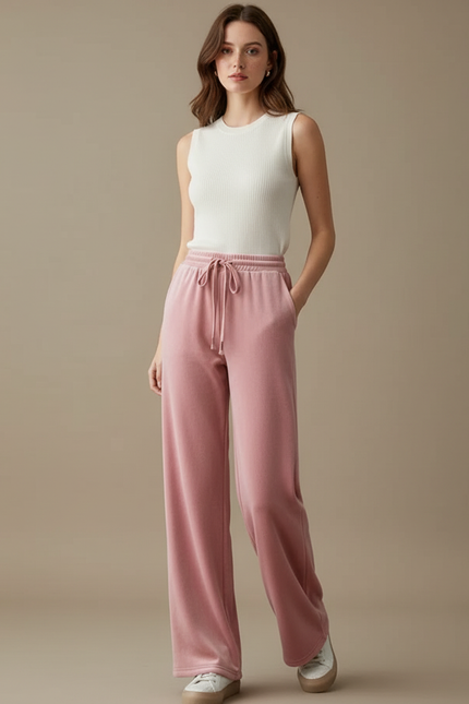 Pantalon Velours Rose Large Doux Décontracté Femme