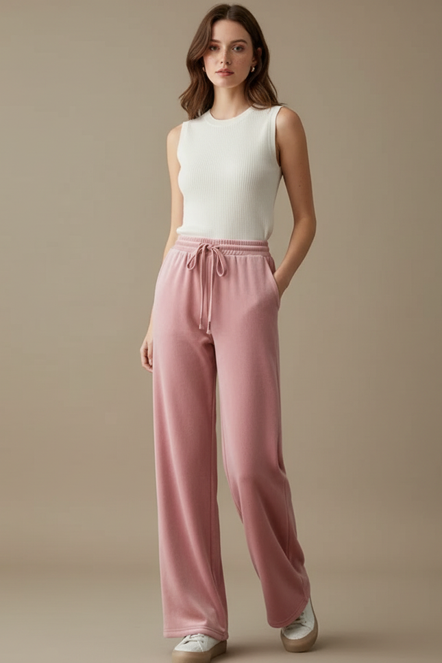Pantalon Velours Rose Large Doux Décontracté Femme