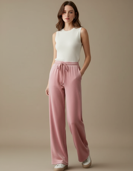 Pantalon Velours Rose Large Doux Décontracté Femme