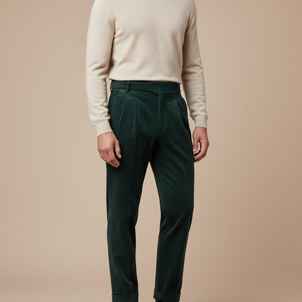 Pantalon Velours Homme Côtelé Vert Plissé Élégant