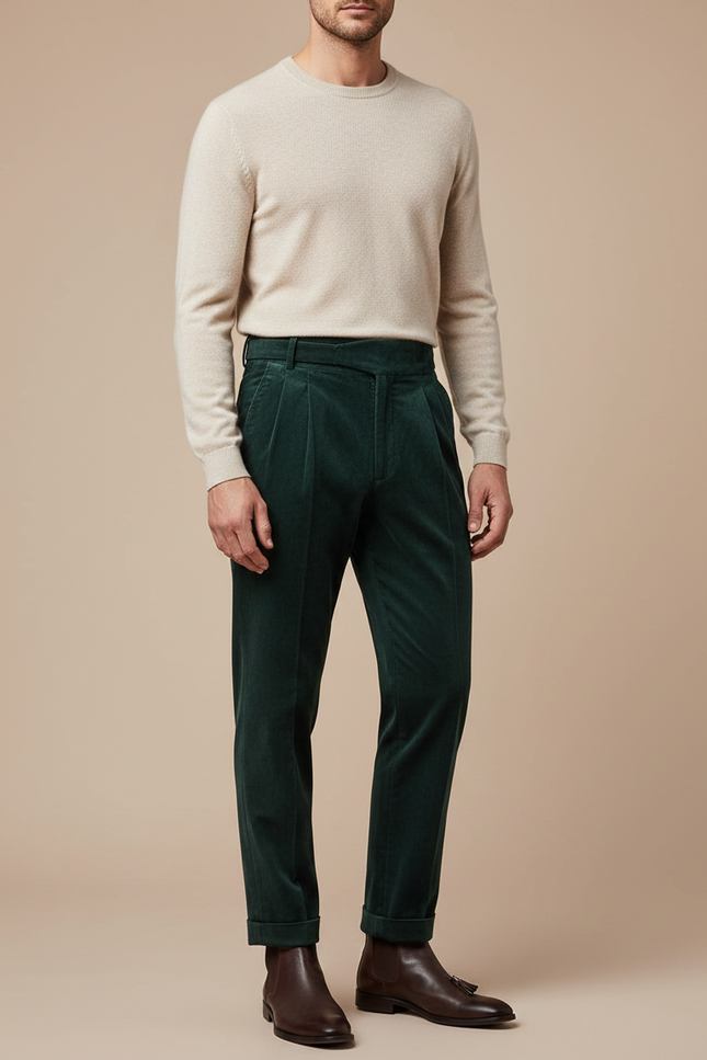 Pantalon Velours Homme Côtelé Vert Plissé Élégant