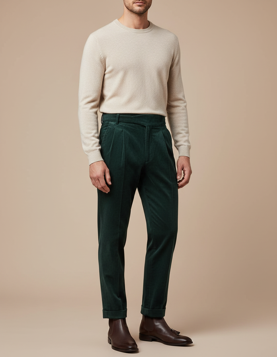 Pantalon Velours Homme Côtelé Vert Plissé Élégant