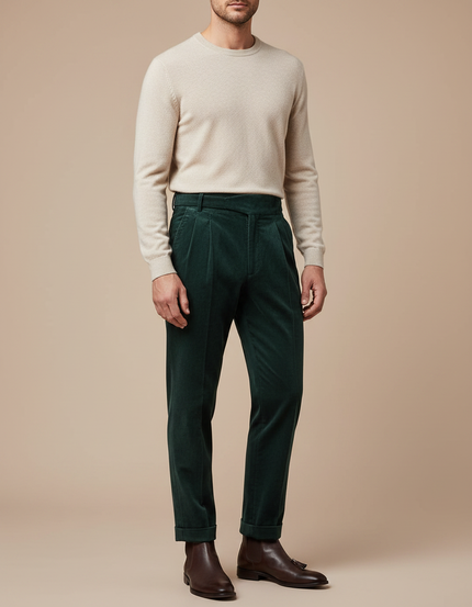 Pantalon Velours Homme Côtelé Vert Plissé Élégant