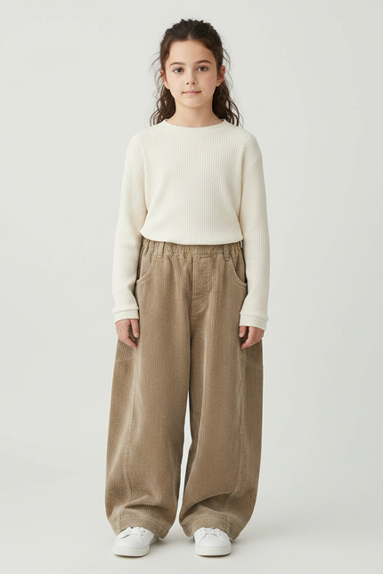 Pantalon Velours Côtelé Ample Beige Enfant Décontracté