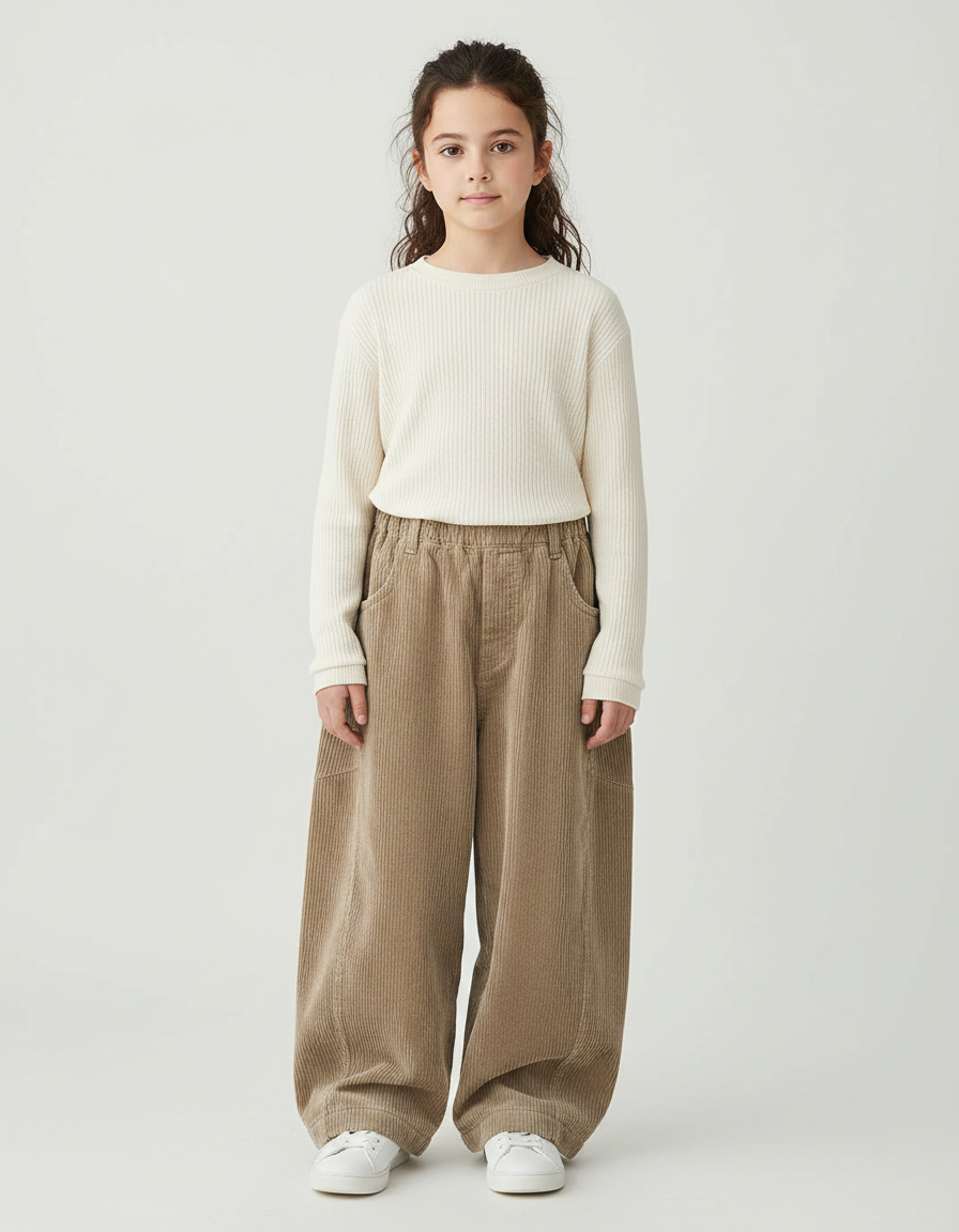 Pantalon Velours Côtelé Ample Beige Enfant Décontracté