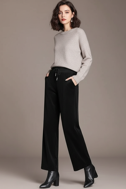 Pantalon Velours Noir Côtelé Ample Cordon Femme - Cordé