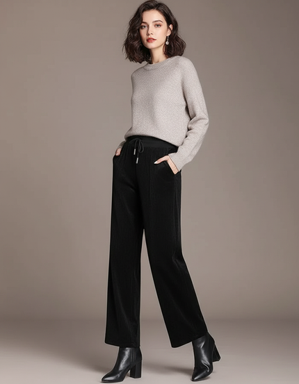 Pantalon Velours Noir Côtelé Ample Cordon Femme - Cordé