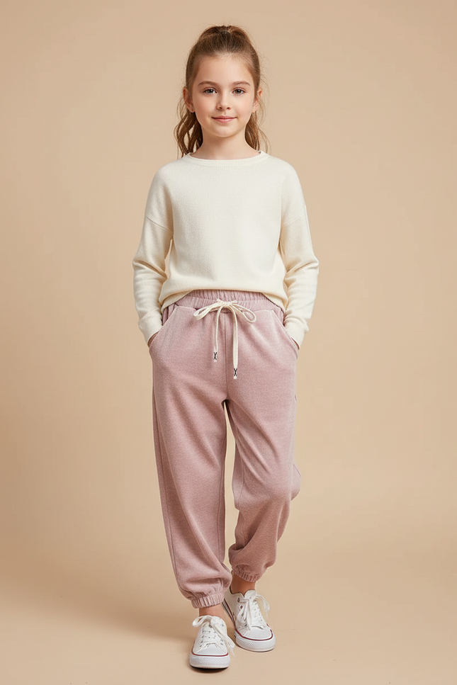Pantalon Velours Rose Enfant Ample Décontracté Cordon
