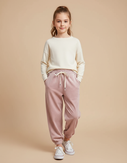 Pantalon Velours Rose Enfant Ample Décontracté Cordon