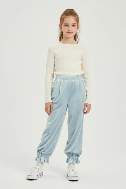 Pantalon Velours Bleu Ciel Fluide Froncé Enfant