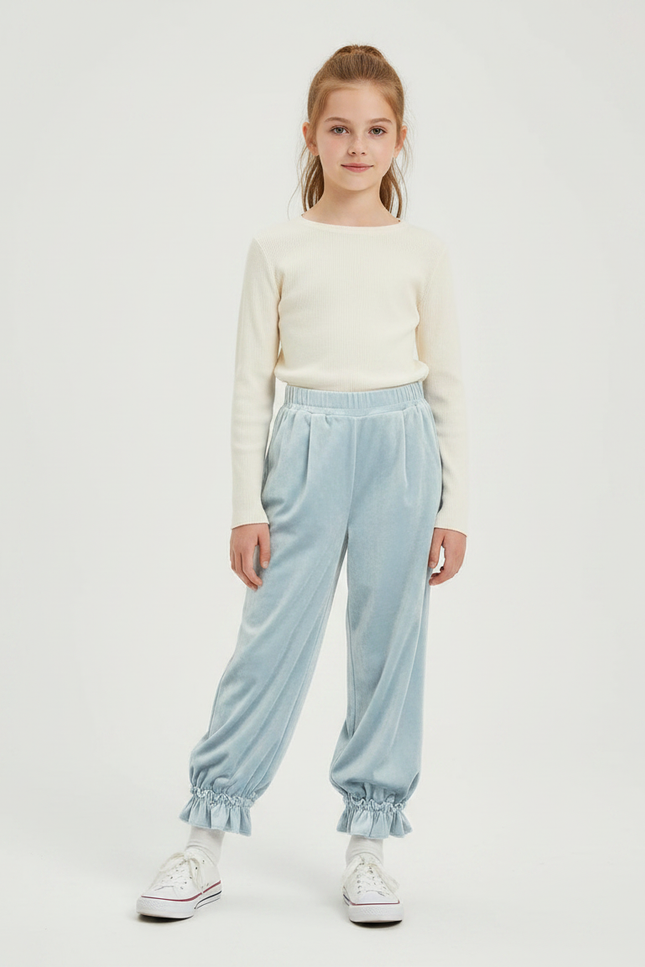 Pantalon Velours Bleu Ciel Fluide Froncé Enfant