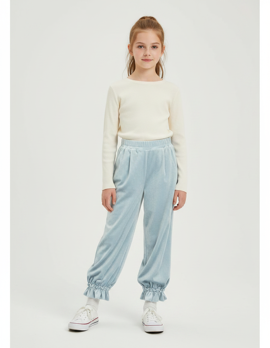 Pantalon Velours Bleu Ciel Fluide Froncé Enfant