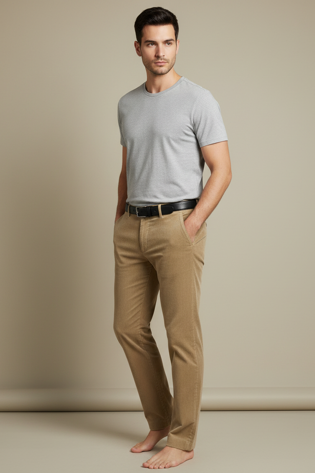 Pantalon Velours Côtelé Beige Droit Homme Chic - Cordé