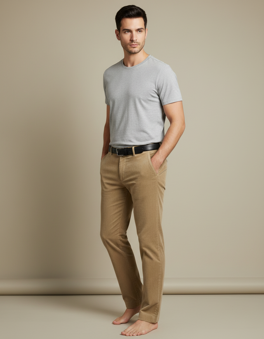 Pantalon Velours Côtelé Beige Droit Homme Chic - Cordé