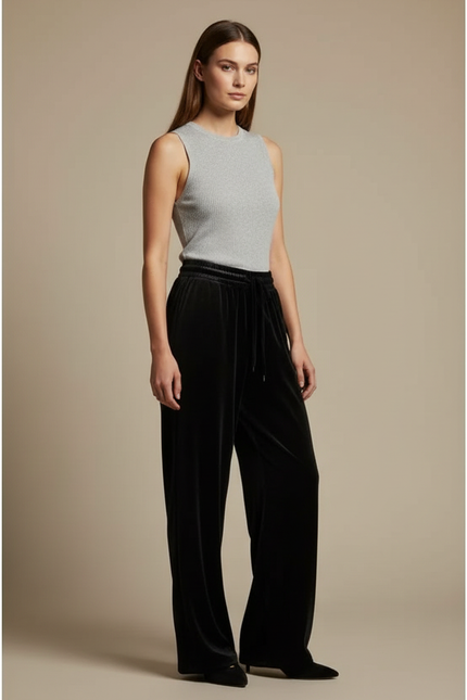 Pantalon Velours Noir Ample Femme Cordon Décontracté