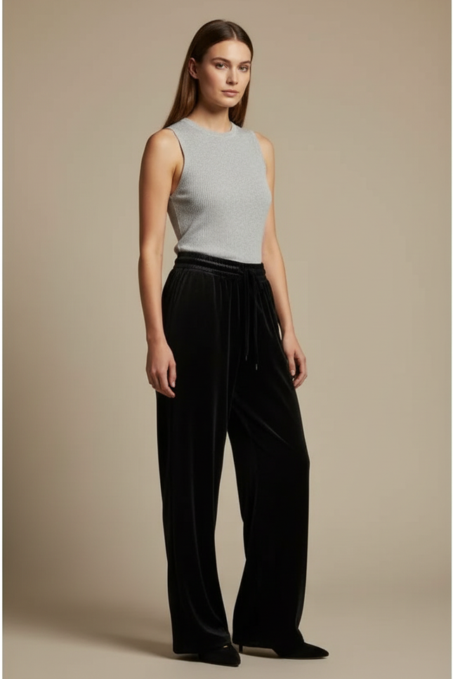 Pantalon Velours Noir Ample Femme Cordon Décontracté