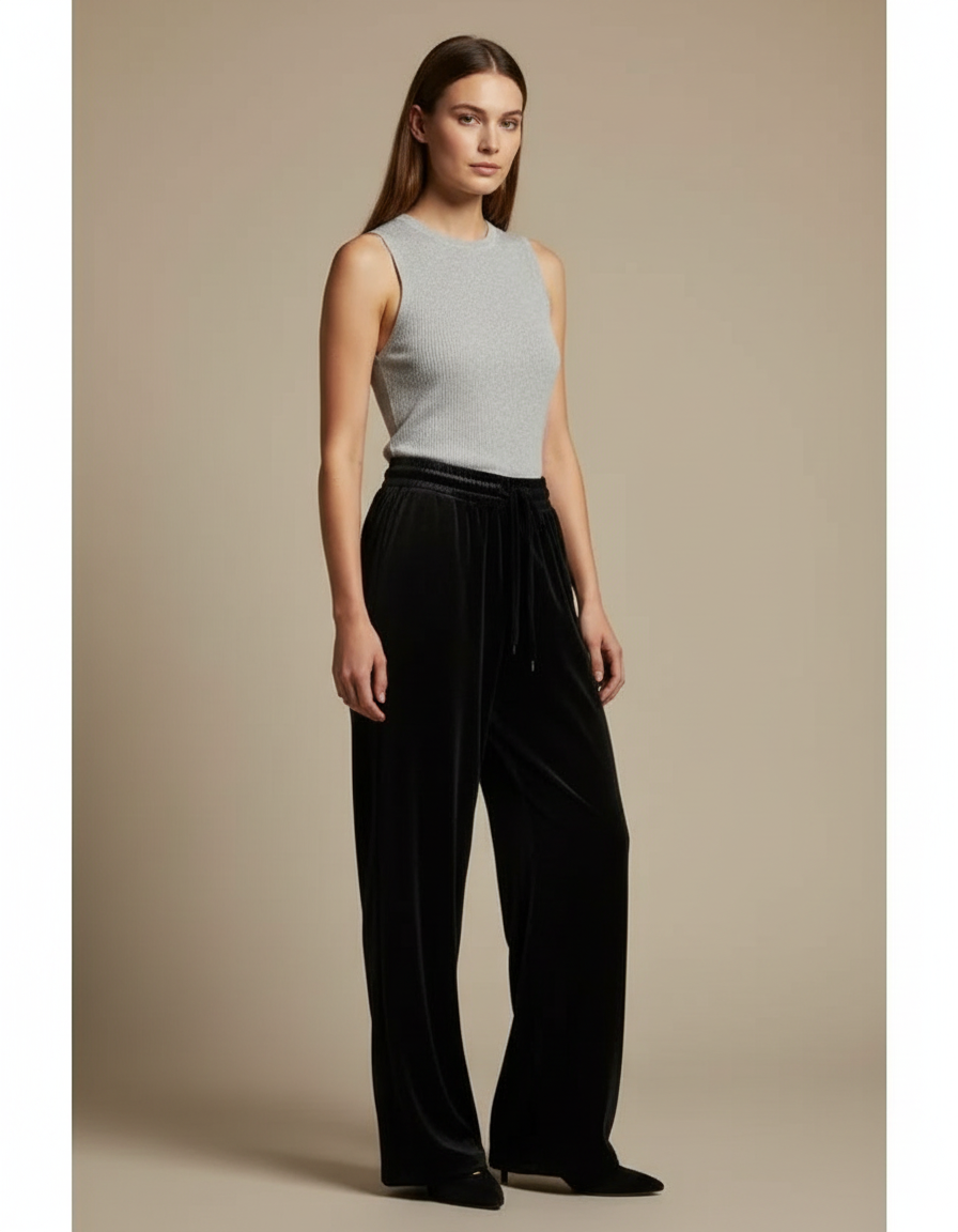 Pantalon Velours Noir Ample Femme Cordon Décontracté
