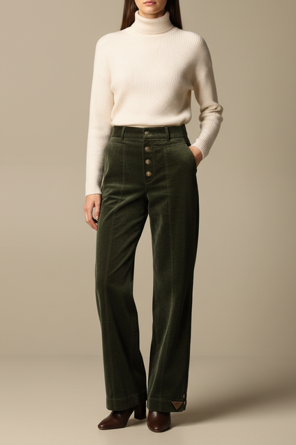 Pantalon Velours Côtelé Vert Taille Haute Boutons - Cordé