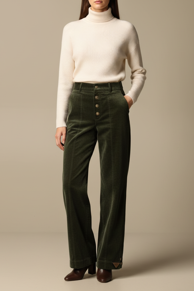 Pantalon Velours Côtelé Vert Taille Haute Boutons - Cordé