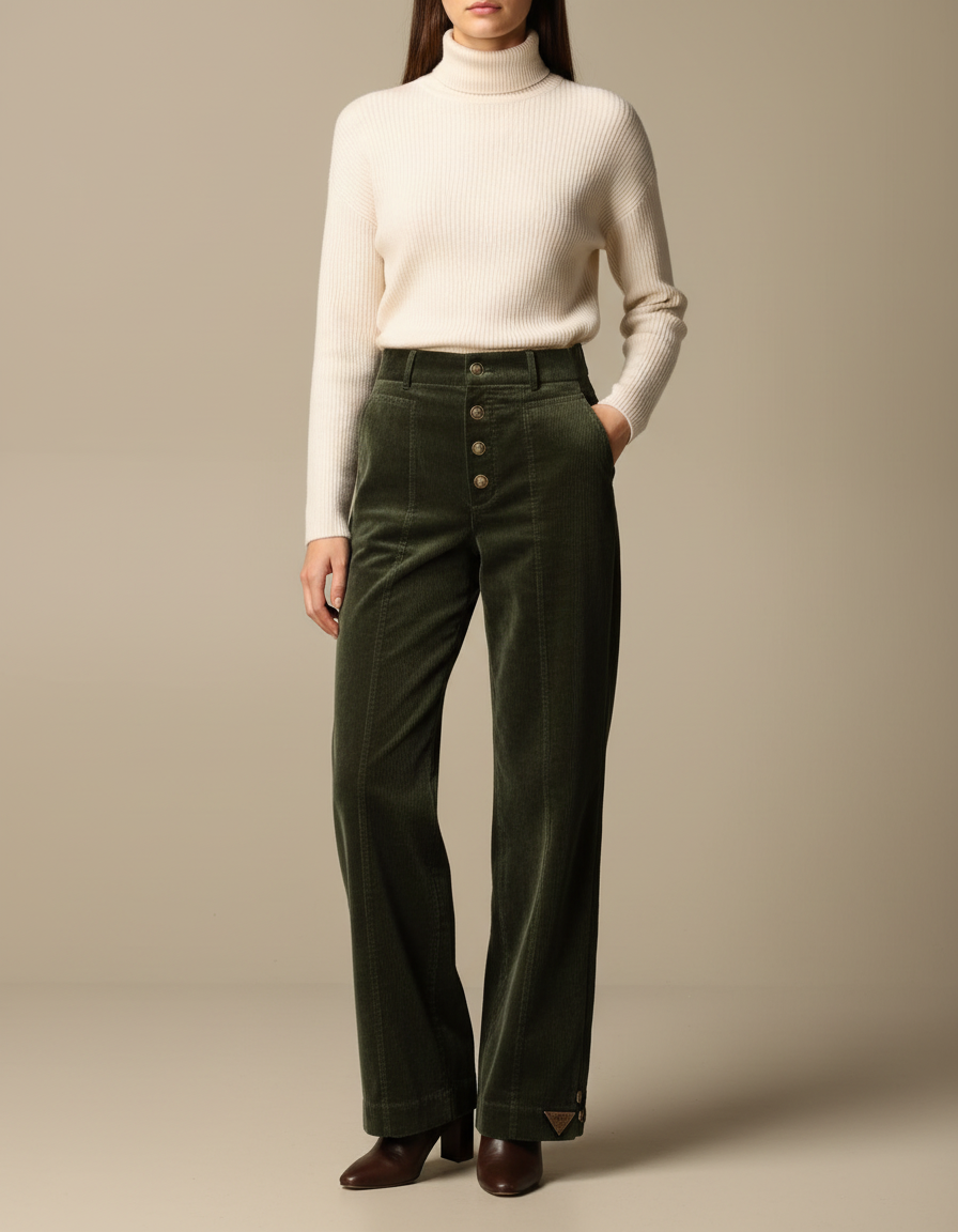 Pantalon Velours Côtelé Vert Taille Haute Boutons - Cordé