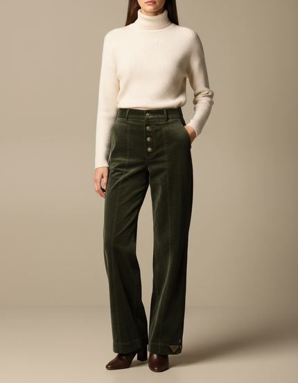 Pantalon Velours Côtelé Vert Taille Haute Boutons - Cordé
