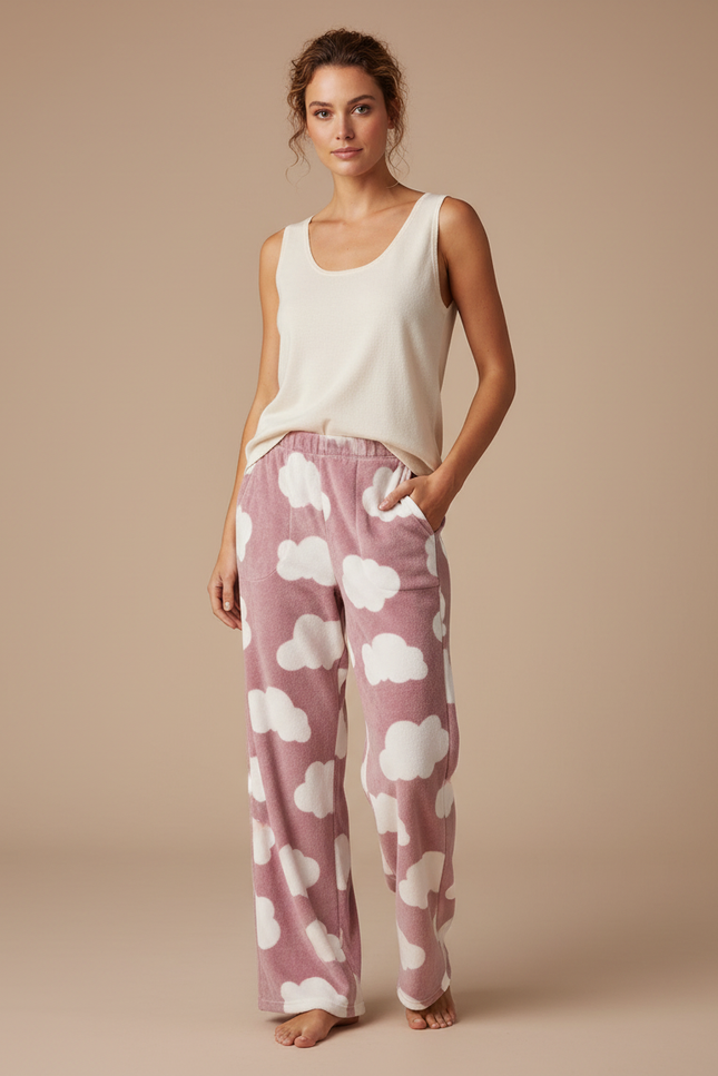 Pantalon Velours Rose Nuages Ample Doux Femme