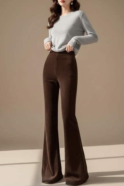 Pantalon Velours Côtelé Marron Évasé Taille Haute Femme - Cordé