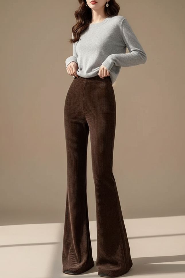 Pantalon Velours Côtelé Marron Évasé Taille Haute Femme - Cordé