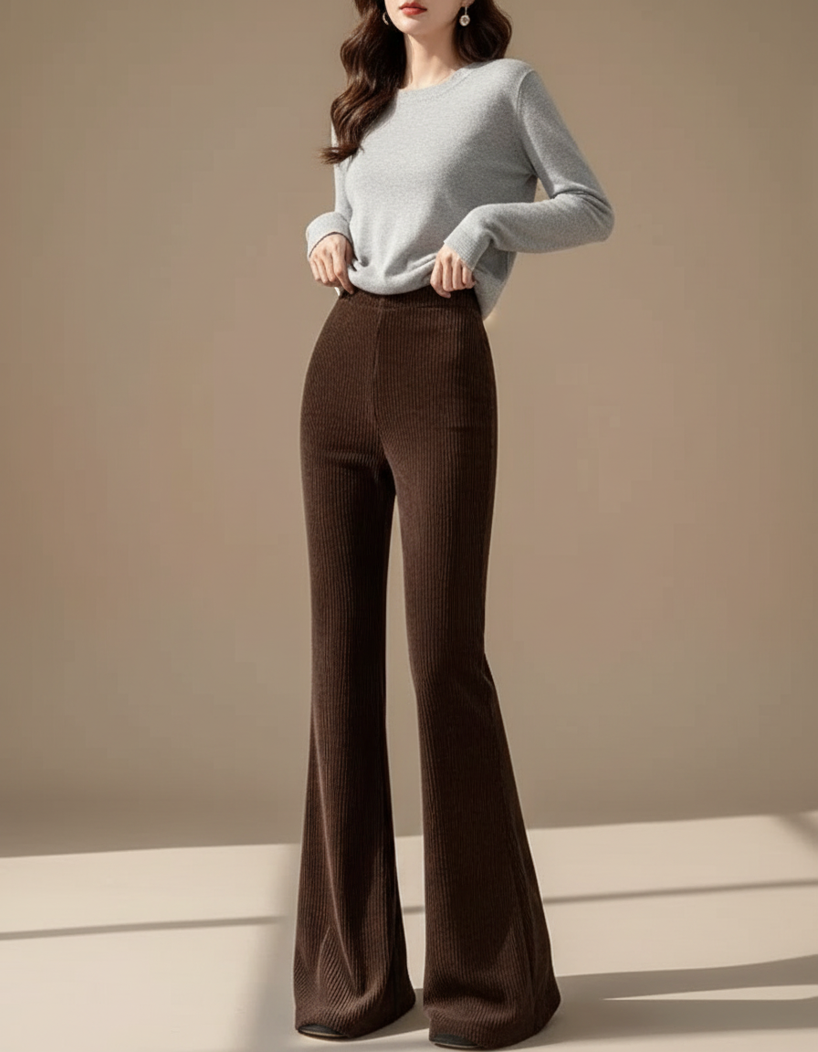 Pantalon Velours Côtelé Marron Évasé Taille Haute Femme - Cordé
