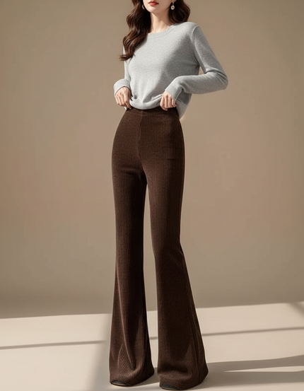 Pantalon Velours Côtelé Marron Évasé Taille Haute Femme - Cordé