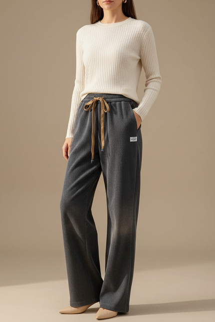 Pantalon Velours Gris Côtelé Droit Ample Décontracté Femme - Cordé