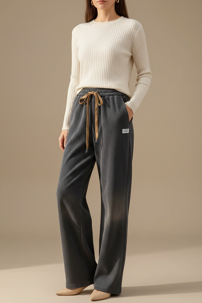Pantalon Velours Gris Côtelé Droit Ample Décontracté Femme - Cordé