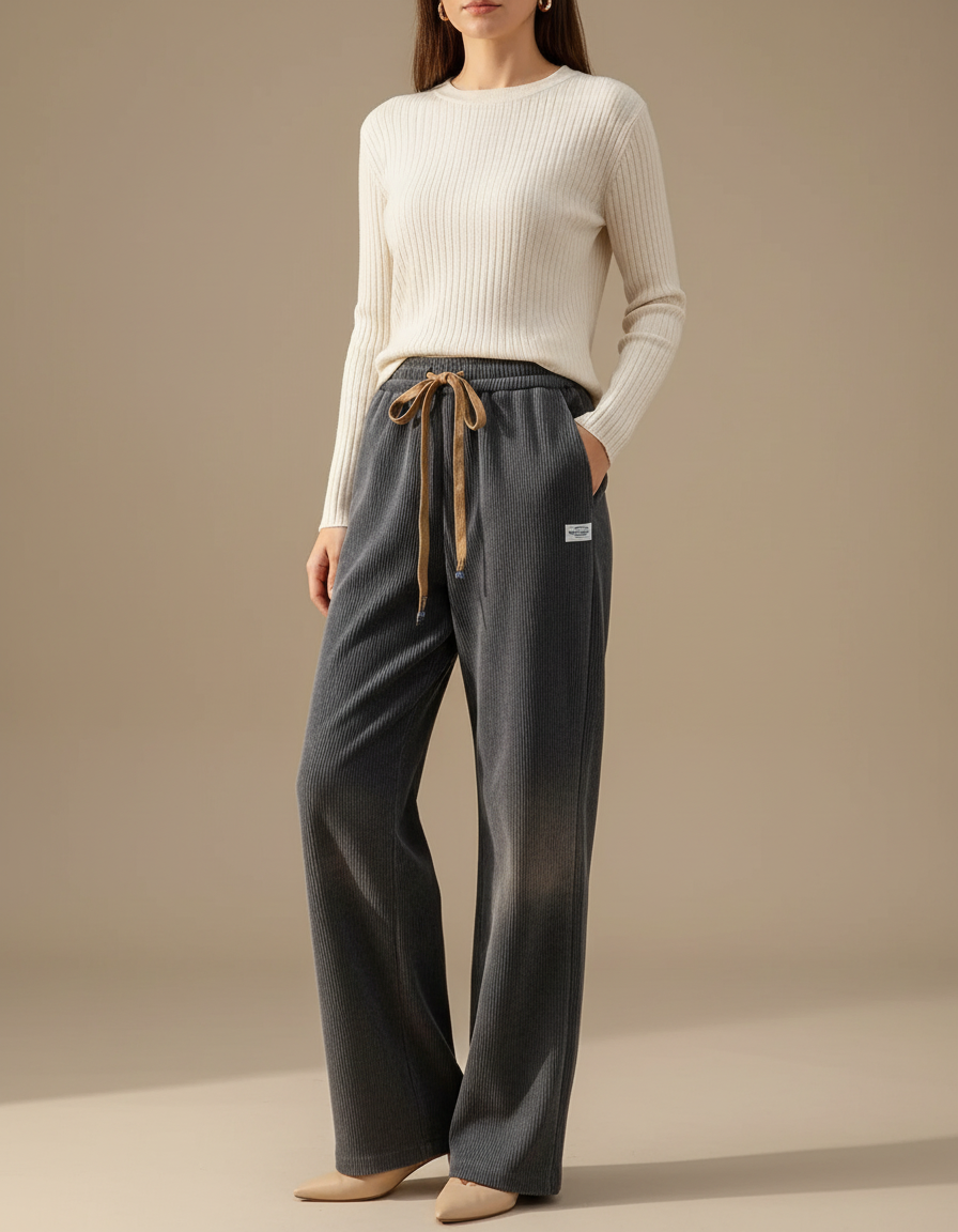 Pantalon Velours Gris Côtelé Droit Ample Décontracté Femme - Cordé