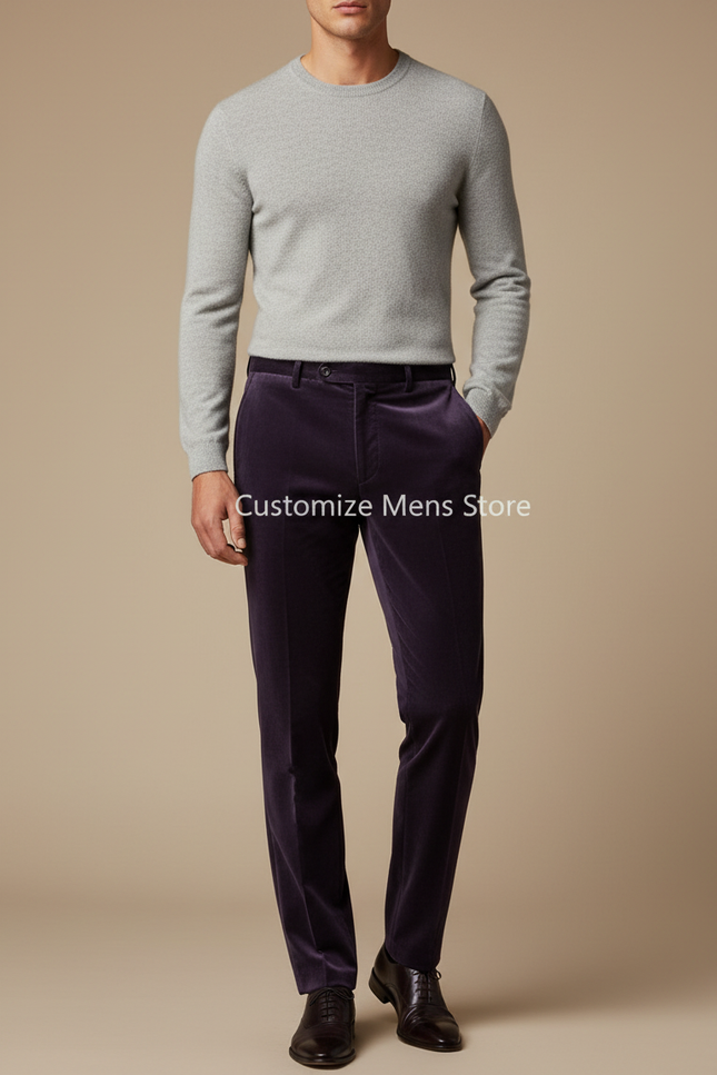 Pantalon Velours Violet Homme Slim Élégant - Cordé