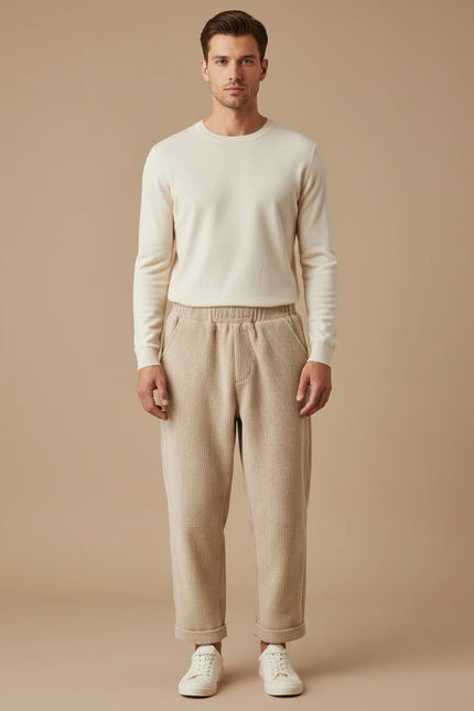 Pantalon Velours Côtelé Beige Ample Homme Confortable - Cordé