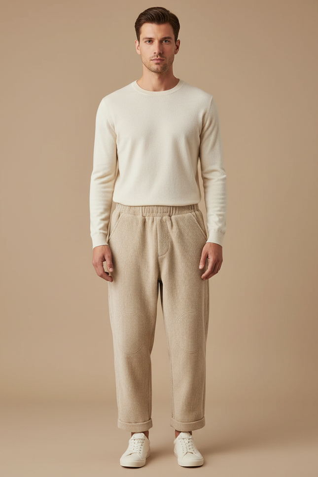 Pantalon Velours Côtelé Beige Ample Homme Confortable - Cordé