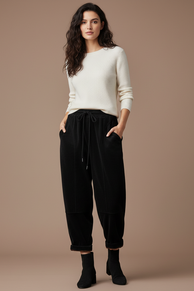 Pantalon Velours Femme Noir Baggy - Cordé