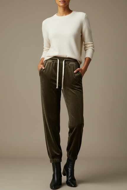 Pantalon Velours Vert Olive Femme