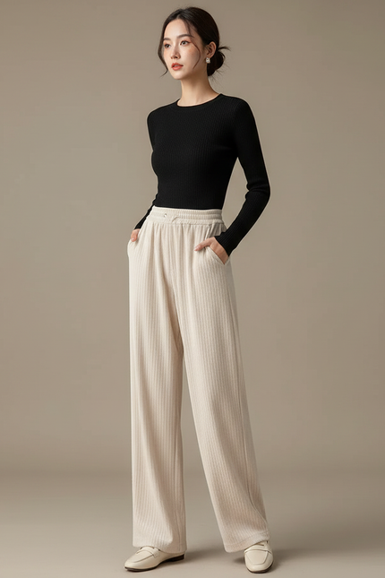 Pantalon Velours Côtelé Écru Taille Haute Large Femme - Beige Cordé