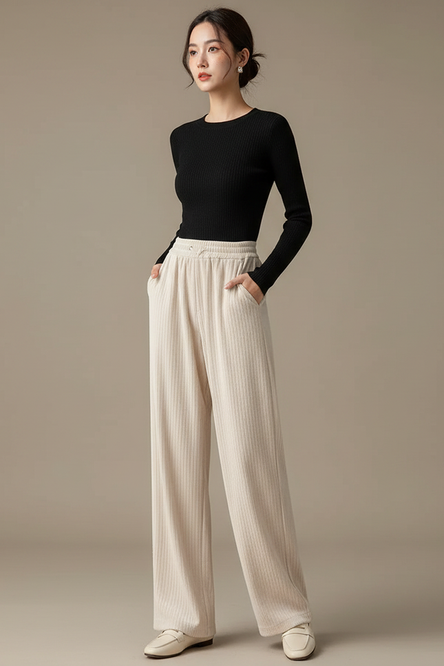 Pantalon Velours Côtelé Écru Taille Haute Large Femme - Beige Cordé