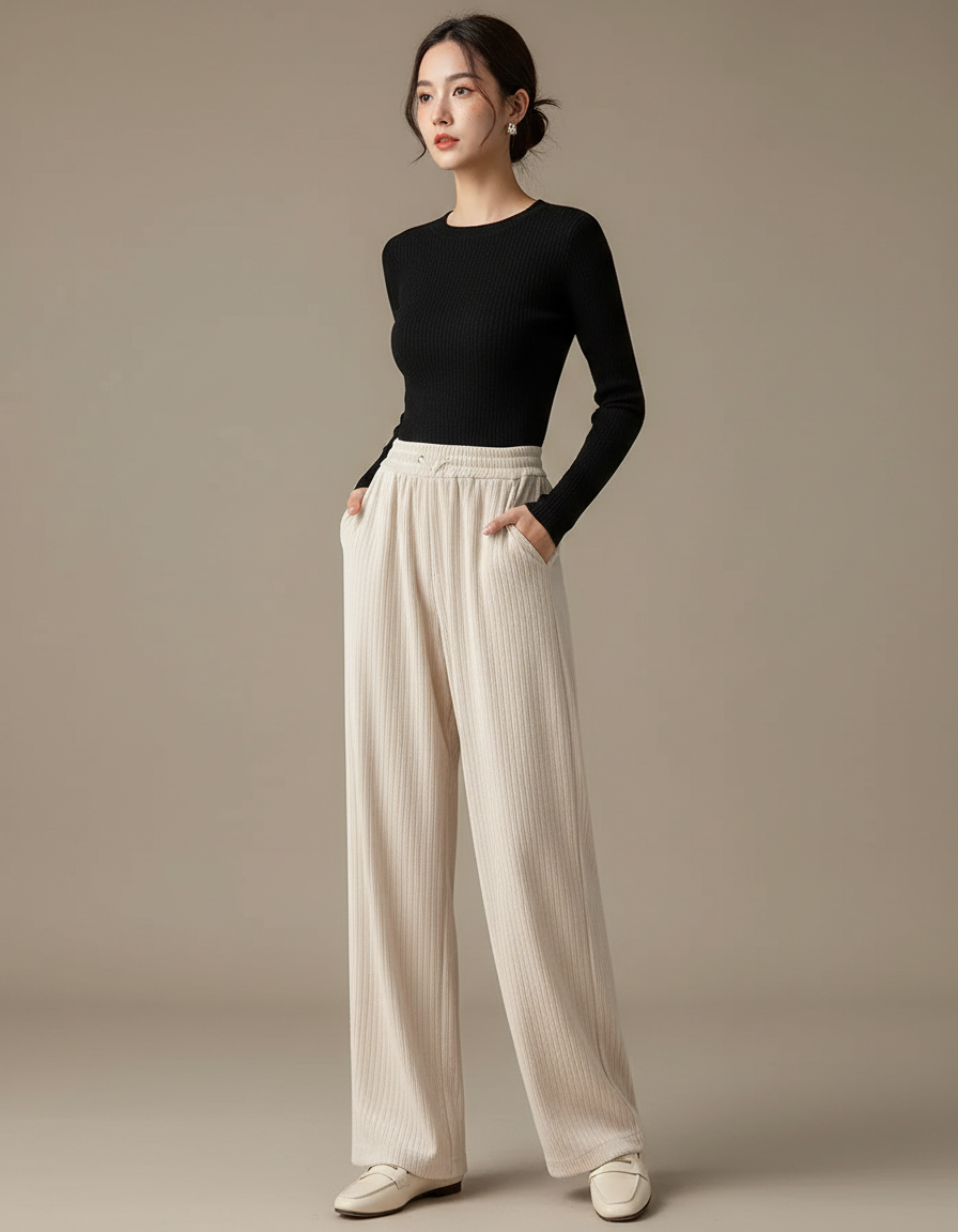 Pantalon Velours Côtelé Écru Taille Haute Large Femme - Beige Cordé