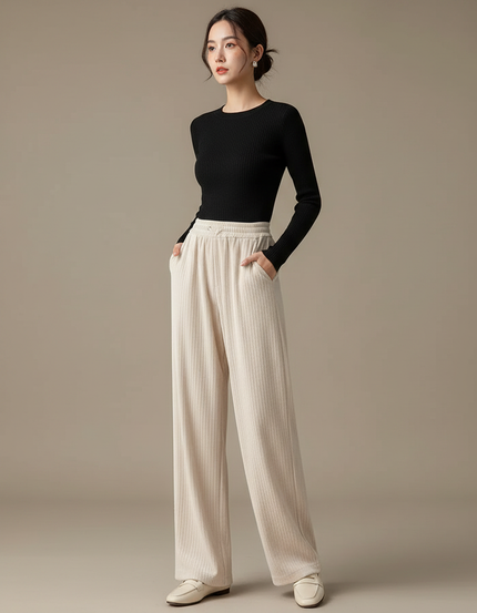 Pantalon Velours Côtelé Écru Taille Haute Large Femme - Beige Cordé