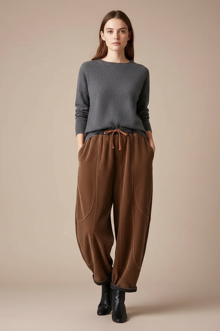 Pantalon Velours Côtelé Marron Ample Décontracté Cordon - Cordé